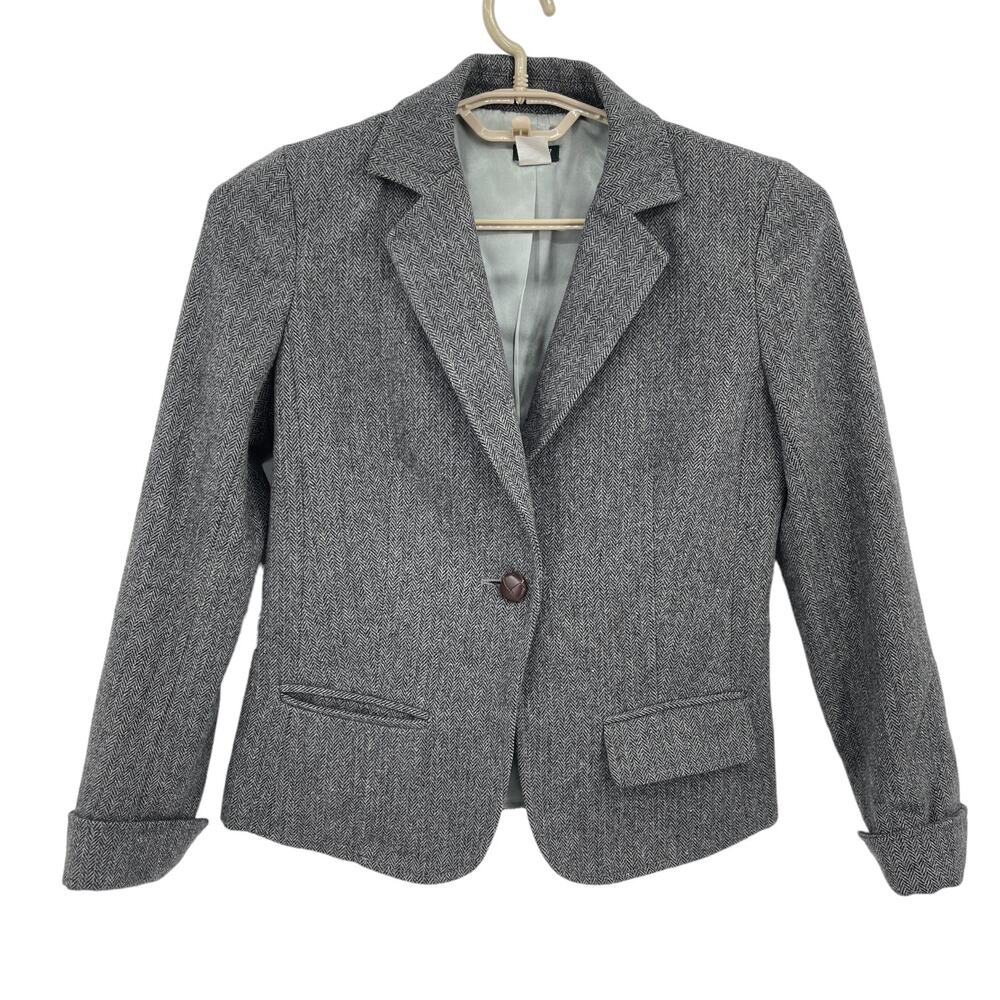 J Crew Womens Herringbone Tweed Gray Black Blazer Jacket Turned Cuffs Size 2